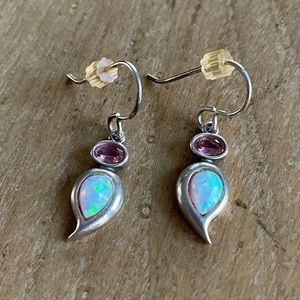 Opal and Pink Gemstone Set in Silver Drop Earrings